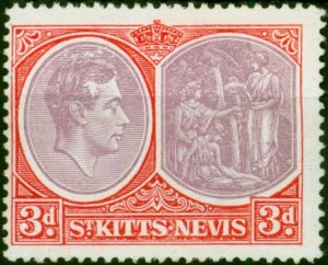 St Kitts Nevis 1943 3d Dull Reddish Purple & Carmine-Red SG73 P.14 Chalk Fine...