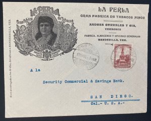 1924 Veracruz Mexico Advertising Cover To San Diego CA USA La Perla Fine Tobacco