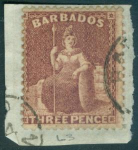 BARBADOS : 1873. Stanley Gibbons #63 VF, Used. Tied to piece. A Gem. Cat £110.00