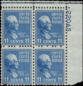 Scott # 816 1938 11c ult mar James Polk Plate Block - Mint  