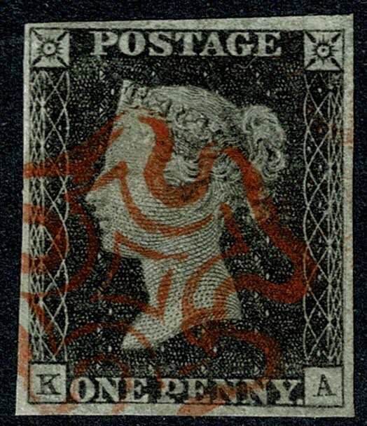 GB 1d grey black KA Plate 2. Cancelled by almost complete red Maltese Cross.