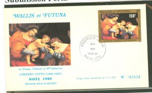 Wallis & Futuna Islands C105 1980 150f Noel/Lorenzo Lotto Painting (single) on an unaddressed, cacheted first day cover.