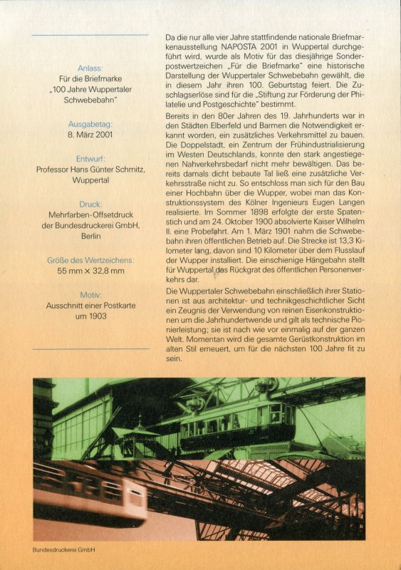 Germany #B884  Wuppertal Suspension Railway,  FDC  (Ersttagsblatt)