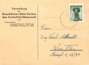E0061 Austrian Postal Stationery Card correspondence Seckau Abbey to Vienna 1956