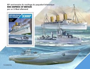 Chad - 2020 U-Boat Sinking RMS Empress Ship - Stamp Souvenir Sheet - TCH200515b