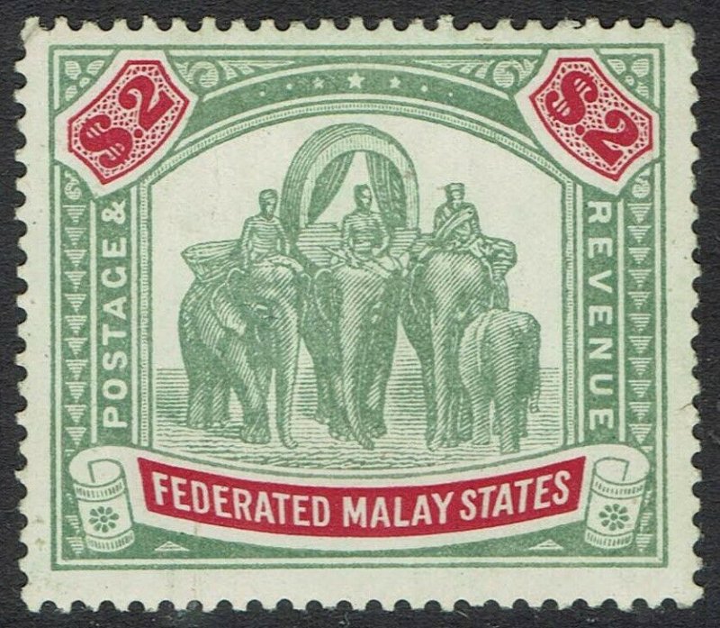 FEDERATED MALAY STATES 1904 ELEPHANTS $2 WMK MULTI CROWN CA  