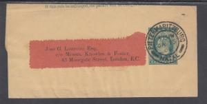 Natal H&G E3 used 1902 ½p KEVII Wrapper to London, England