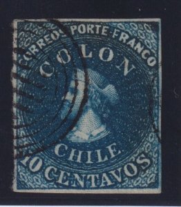 Chile Sc #2 (1853) 10c deep bright blue Perkins Bacon Colon Issue VF Used