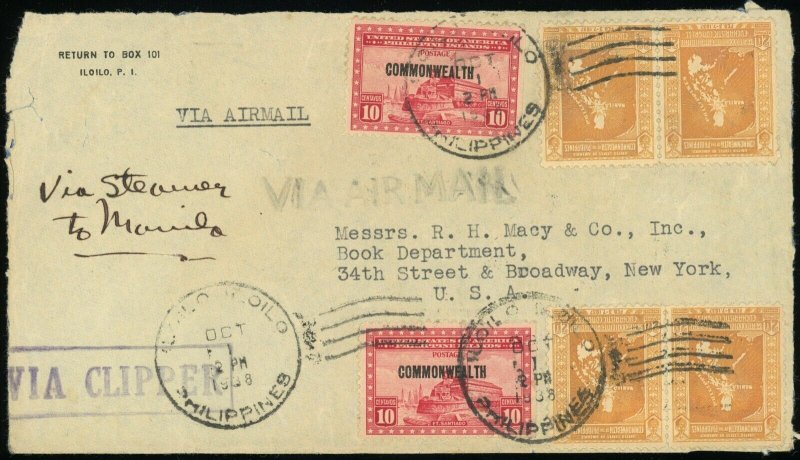 Philippines to USA Airmail Cover Clipper Flight 1938 Postage