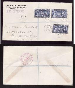 Newfoundland cover #14131 - 5c(3) Royal Visit reg'd to USA – Sandy Point