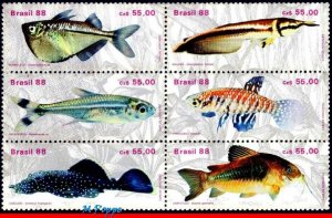 2157 BRAZIL 1988 FRESH-WATER FISH, AQUARIUM HOBBY, PSICULTURA, MI# 2276-81, MNH