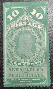 Scott Stamp PR2b - 1865 10¢ Newspaper & Periodicals. Green. Unused. SCV $400.00