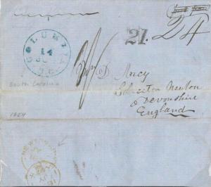 S71b 1854 USA AMERICA *Columbia* South Carolina Transatlantic EL Cover Devon