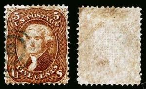 Classic US Stamp #95 5c Brown Rare F Grill VF-XF Used with Blue-Green Target Cxl