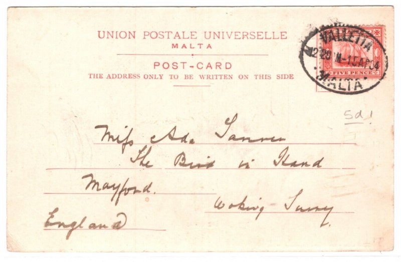 MALTA WW1 Postcard Note 5d SHIP Stamp! Valletta *LAZZARETTO* 1915 Woking KA251