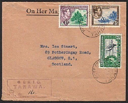 GILBERT & ELLICE IS 1953 Registered cover TARAWA to Scotland...............75647
