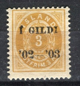 ICELAND; 1902-03 early ' 1 GILDI ' Optd. issue Mint hinged 3a. value