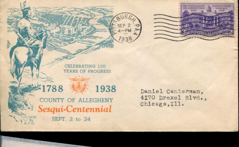 USA Cachet Allegheny PA 150th Anniv.  September 1938