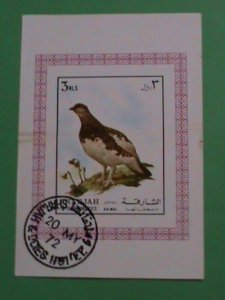 SHARJAH STAMPS: 1972 BEAUTIFUL COLORFUL BIRD CTO STAMP S/S WITH FIRST DAY CANCEL