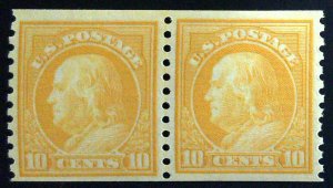 Scott#497 -VF - 10c Orange Yellow - Joint Line Pair - Franklin - OG - 1922