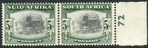 SOUTH AFRICA-1949 5/- Black & Pale Blue-Green.  An unmounted mint example Sg 122