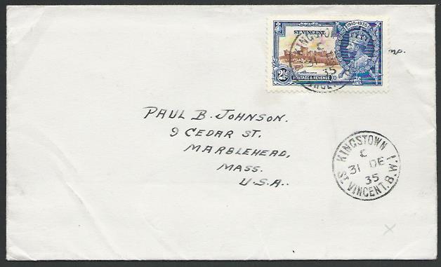 ST VINCENT 1935 cover to USA, Jubilee 2½d, Kingstown cds...................53120