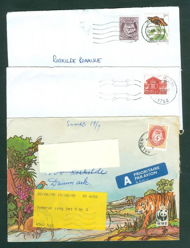 Norway. 3 Covers,Postal Used. 1987-93-94. Included WWF. Adr: Denmark.