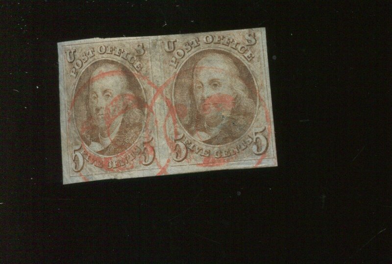 1b Franklin Used Pair of Stamps w/ RED Numeral in Circle Cancel PF Cert (Bz 553) 