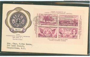 US 778 1936 Third International Philatelic Exhibition (TIPEX) mini-sheet on an addressed first day cover with a rice cachet.