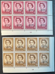 SAINT LUCIA # 214 & 217-MINT/NH-PLATE # BLOCKS OF 8--BLACK OVERPRINT--1967