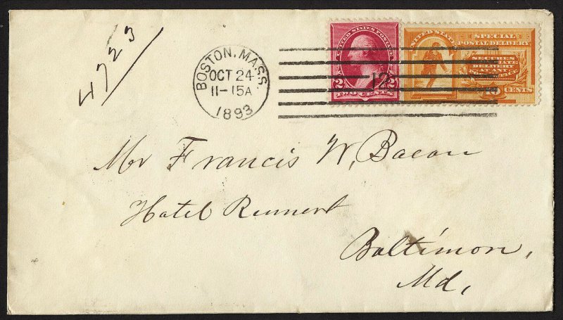 E36 U.S. Scott #E3 orange Special Delivery cover Oct. 24, 1893. SCV = $200