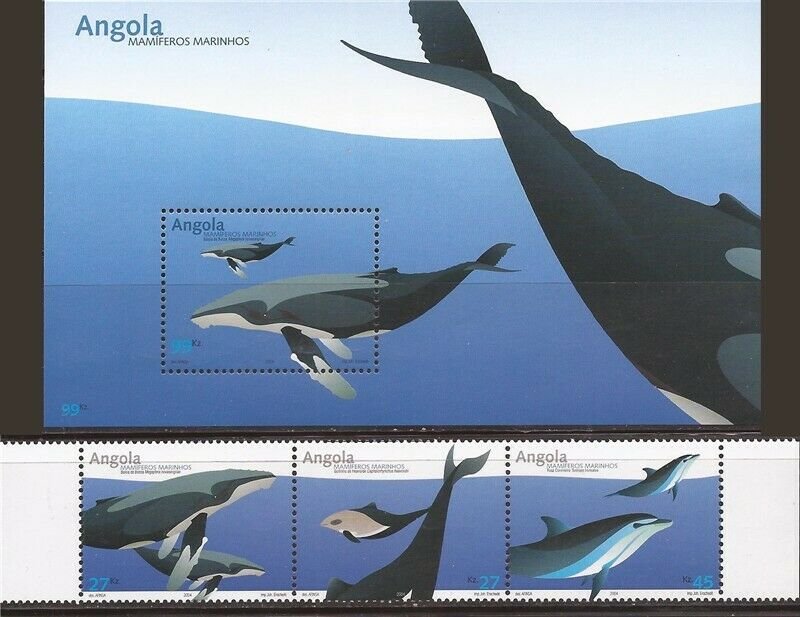 Angola - 2004 Marine Mammals - 3 Stamp Strip + Souvenir Sheet #1269-70