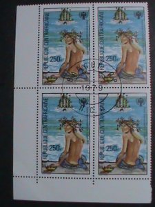 CENTRAL AFRICA STAMP-1979-SC#397 LOVELY BEAUTIFUL MERMAID-CTO BLOCK OF 4 VF