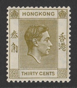 HONG KONG 1938 KGVI 30c yellow-olive perf 14. SG 151 cat £150.