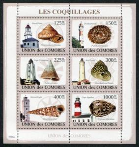 Comoro Islands #1083 Lighthouses and Sea Shells MNH Sheet of 6, CV $11.50 (LH46)