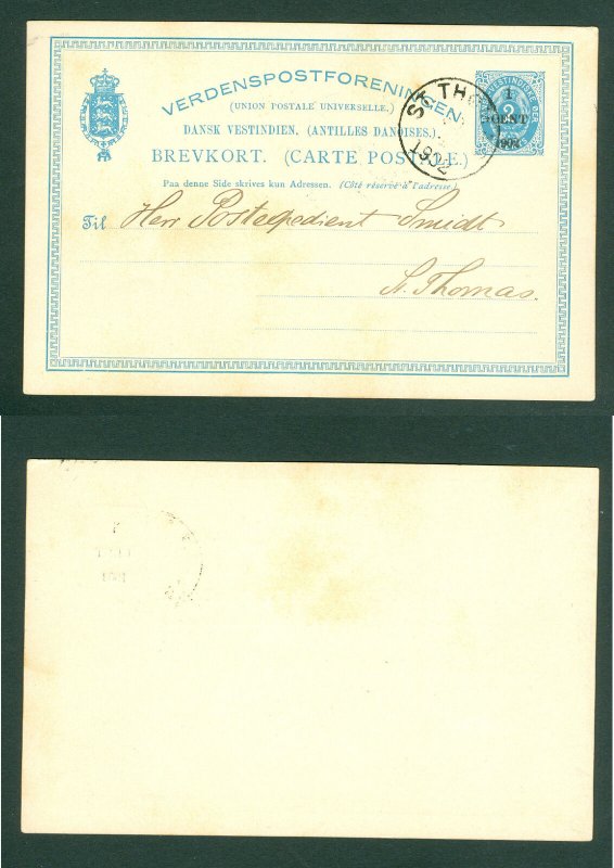 Danish West Indies. 1902 Stationery Card. Overprint 1 Cent On 2 Cent. Facit BK7, 