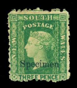 NEW SOUTH WALES 1882 Queen Victoria 3p green  Scott # 63 mint MH SPECIMEN ovpt