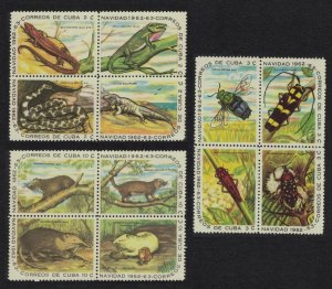 Caribic Animals Insects Reptiles Snakes Christmas 3 Blocks of 4 1962 MNH