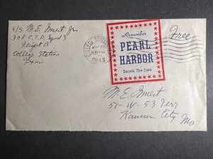 1943 USA Patriotic Cover College Station TX to Kansas City MO Remember Pearl Har