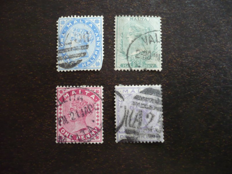 Stamps - Malta - Scott# 8,9,11,13 - Used Part Set of 4 Stamps