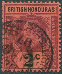 British Honduras 1906 2c purple & black/red Damaged frame & crown SG85ab used