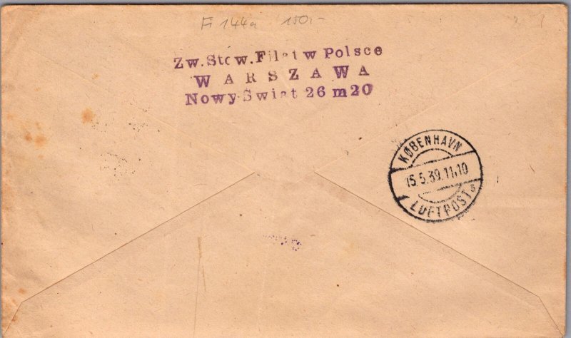 1939 Poland Polish Airlines Mail FFC First Flight Cover to Copenhagen Denmark