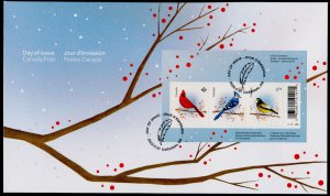 Canada 3363 on FDC Christmas, Birds, Cardinal, Blue Jay, Grosbeck