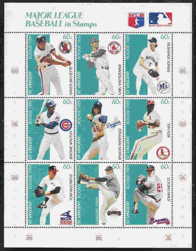 St. Vincent #1224-26 ms/sheet of 9, F-VF Mint NH ** Major League Baseball