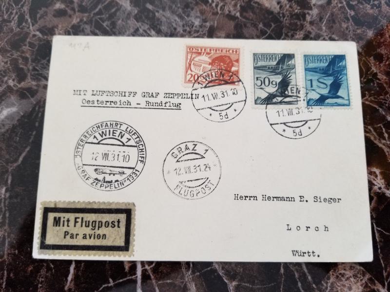 1931 Vienna Austria Graf Zeppelin postcard cover Sieger to Lorch Germany w/cert