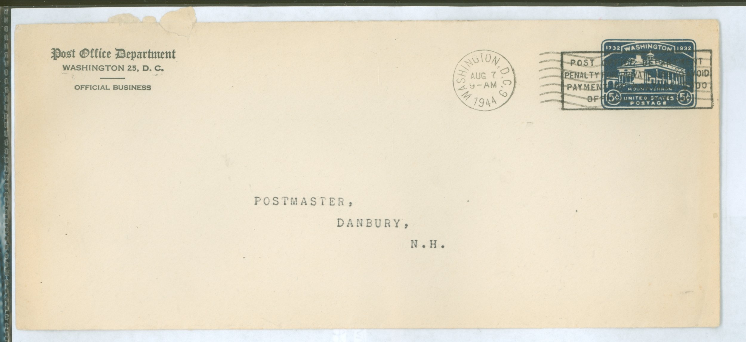 US U528 1932 stamped envelope, 5c dark blue, mount vernon, entire, sent