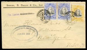 Salvador, 1906 cover to New York, franked with 3c and pair of 5c, Via Ancon...