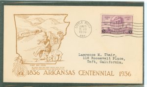 US 782 1936 3c Arkansas Centennial on an addressed first day cover with an Arkansas Centennial Commission cachet by Kershnea
