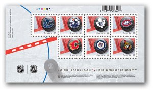 NHL = 7 CANADIAN Teams = Hockey puck with team LOGOs Souvenir Sheet Canada 2013