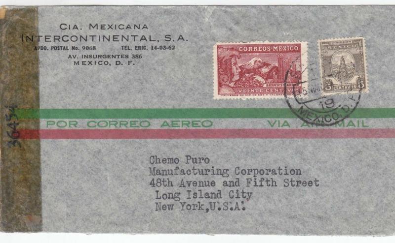 1945, Mexico City, Mexico to New York, NY, San Antonio Censor Tape (C2413)